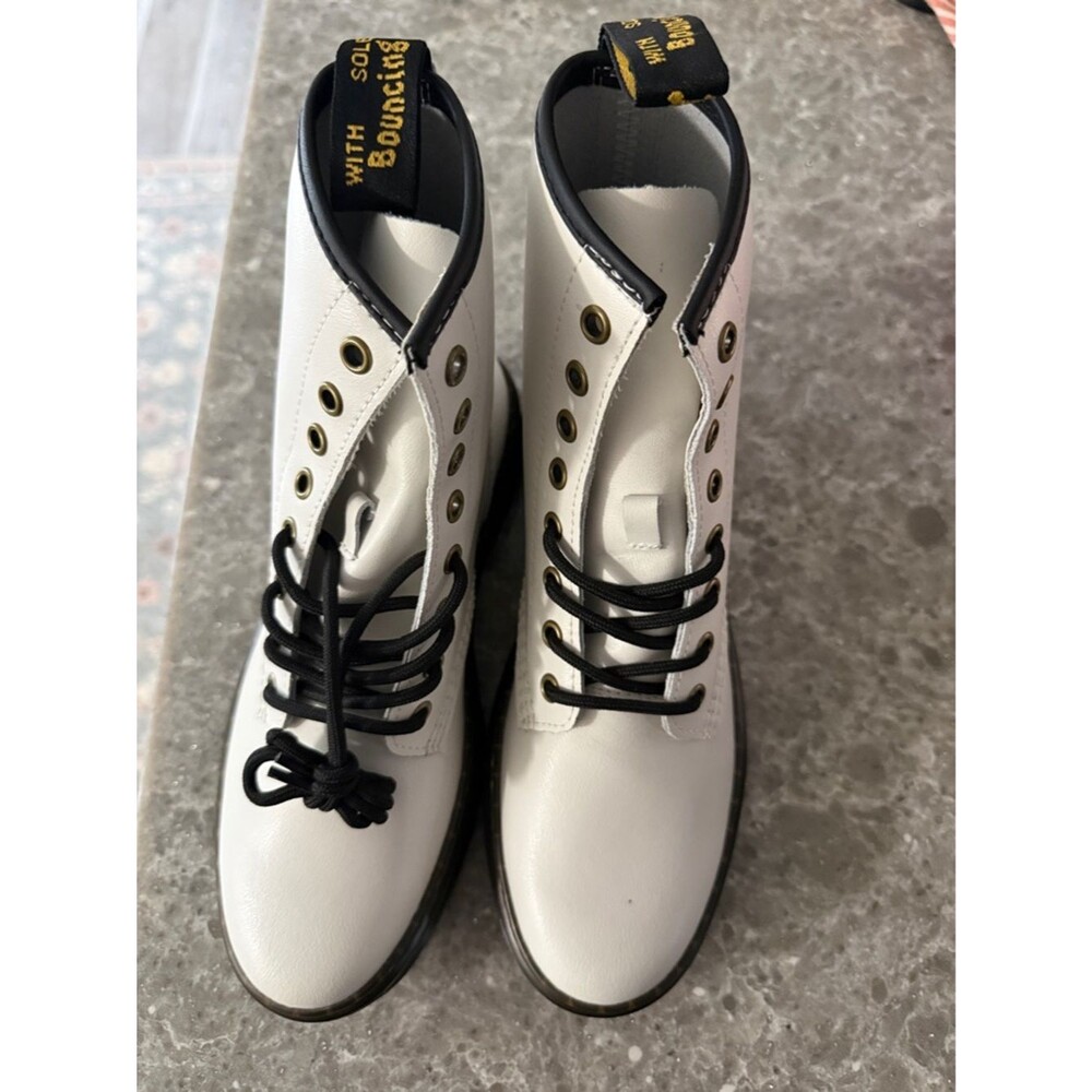 Dr. Martens White Leather Combat Boots with Black Trim